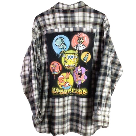 Reworked SPONGEBOB cartoon Flannel Black White 2XL XXL - Picture 1 of 5